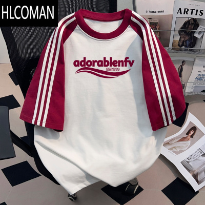 HLCOMAN时尚潮牌三条杠短袖T恤男女款夏季高街创意字母印花上衣