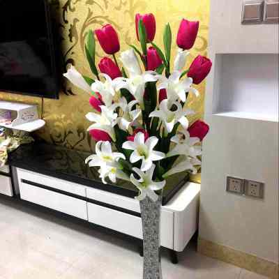 三维工匠破损补寄干花假花客厅落地假花仿真百合插花干花郁金香装饰花白百合+玫红郁金香不含瓶