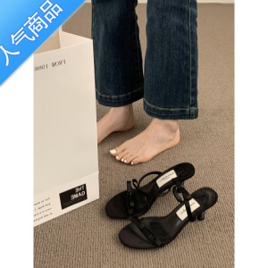 SUNTEK法式仙女风蝴蝶结黑色高跟鞋女斩男细跟凉拖鞋露趾一字带绝美凉鞋