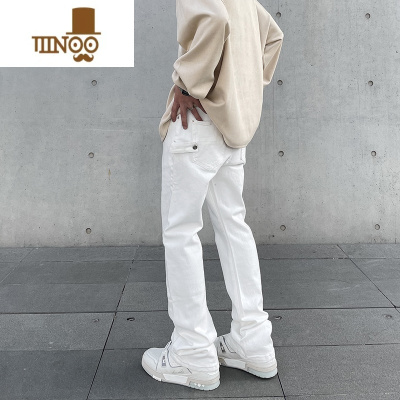 YANXU美式高街vibe风基础款白色休闲牛仔裤男ins潮牌直筒微喇堆积裤子