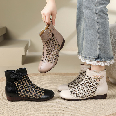 头层牛皮复古镂空马丁靴女26春夏新款中跟民族风休闲软底妈妈凉靴