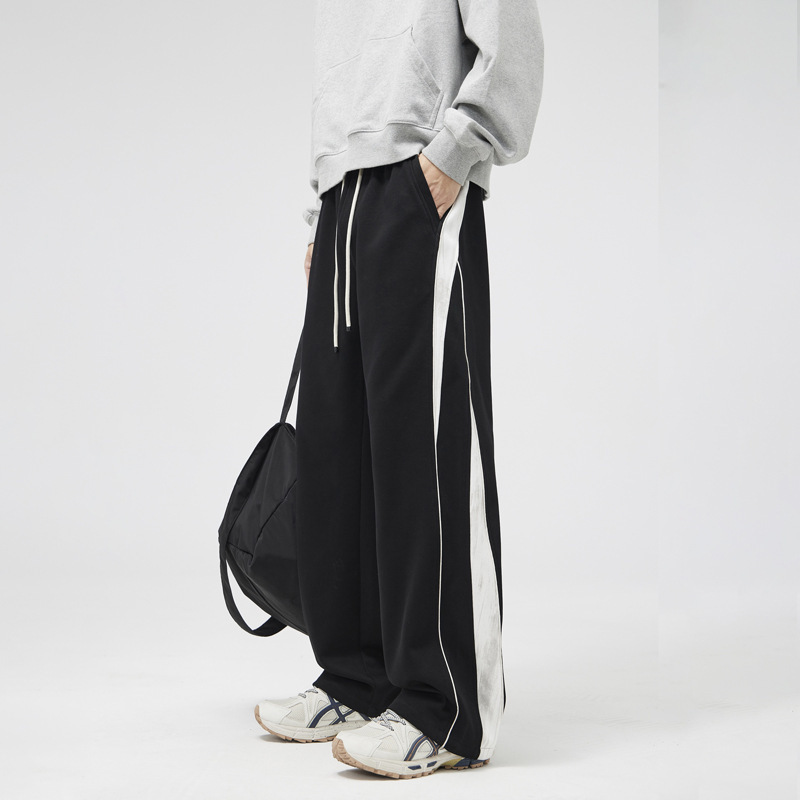 |男装美式条纹重磅休闲裤男生春秋宽松直筒百搭休闲运动裤