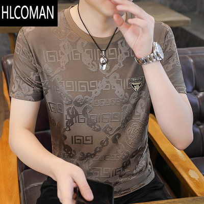 HLCOMAN夏季男士短袖t恤薄款冰丝潮流提花体恤新款加肥大码速干凉感上衣