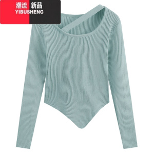 YIBUSHENG纯欲长袖针织衫女2023早秋新款修身显瘦不规则打底衫毛衣内搭上衣