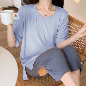 睡衣女士夏季短袖七分裤两件套装莫代尔纯色简约少女家居服带胸垫