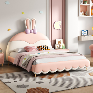 欧梵森儿童床女孩公主床卡通萌趣兔兔软包床现代简约卧室真皮床储物实木单双人床