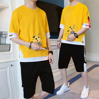 狮臣SHICHEN2021年夏季新款T恤男圆领青少年休闲运动两件套装男青少年帅气一套运动服五分裤短袖套装男TZ2534黄色L