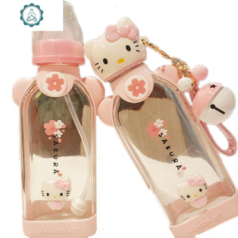 成人可爱樱花水杯日系图案玻璃奶嘴杯卡通带吸管送女生节日便 封后