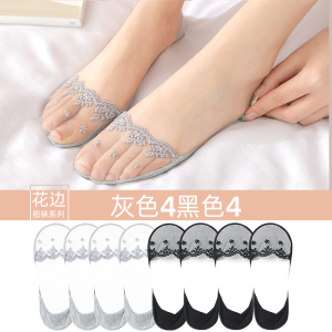 浪莎船袜女士春秋薄款浅口全隐形袜夏季棉底短袜子硅胶防滑蕾丝袜