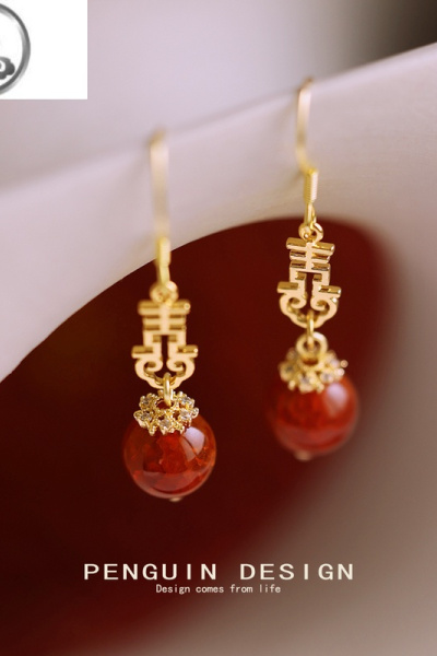 JiMi玛瑙喜字结婚婚纱新娘配敬酒服红色婚礼耳环耳夹耳钉耳饰耳坠