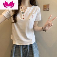 七斓大码女装口袋刺绣正肩短袖t恤打底衫夏季胖mm显瘦百搭遮肚衣
