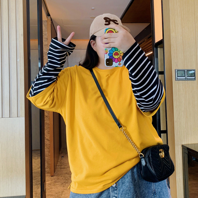 暖青汇大码女装2020秋冬新款胖mm加肥加大宽松洋气条纹长袖假俩件T恤大码女装