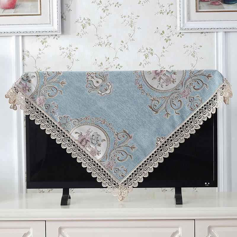 欧式电视机盖布罩套曲面屏防尘罩方巾布艺蕾丝长方形客厅 清歌蓝色小花边 140*140(65-75寸电视机可用)方桌也可用