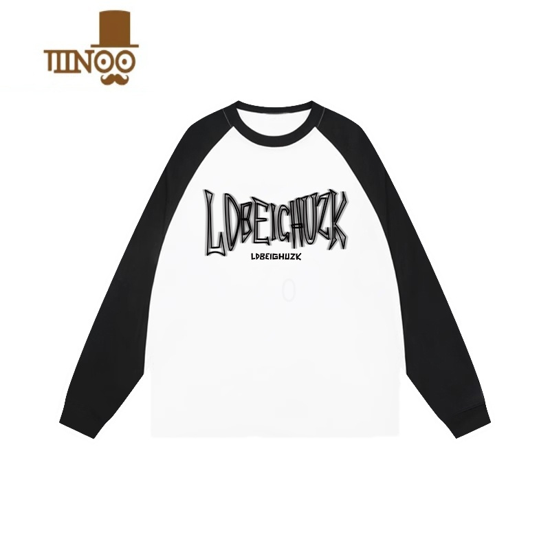 YANXU秋季新款潮牌字母印花插肩长袖t恤男小众设计感宽松打底上衣