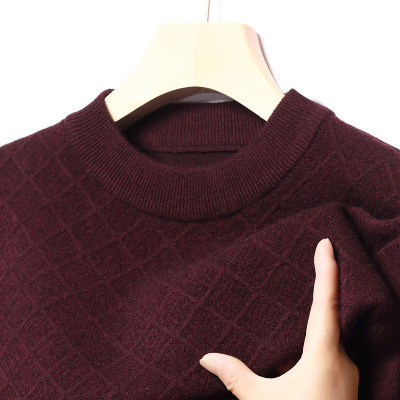 秋冬加厚绵羊毛男式休闲细软羊毛衫提花格子羊毛保暖针织衫厚_1