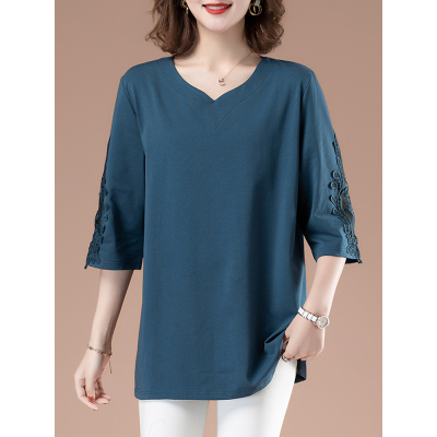 恋名媛七分袖上衣女宽松大码遮肚子棉T恤中袖中年妈妈夏装半袖小衫薄妈妈装