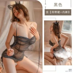 姬欲情趣内衣蕾丝诱惑透明镂空性感女火辣连体衣免脱制服睡裙1823 1823黑色（吊带裙+内裤） 均码