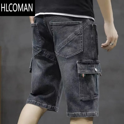 HLCOMAN牛仔短裤男夏季弹力宽松多口袋七分裤破洞潮流百搭工装裤大码中裤