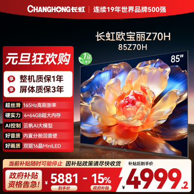 长虹电视85Z70H 云帆AI影像 双驱16晶MiniLED 内置分舱回音壁 云帆AI大模型4K超高清平板液晶电视政府补