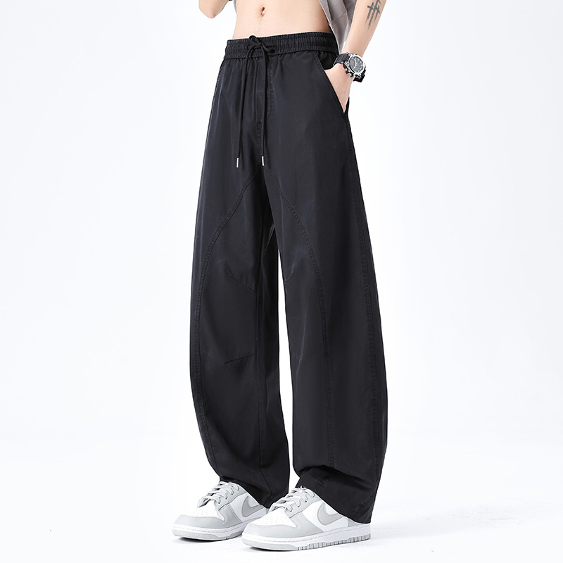 夏季男士冰丝阔腿裤宽松垂感直筒休闲裤薄款速干抽绳运动长裤子男_1