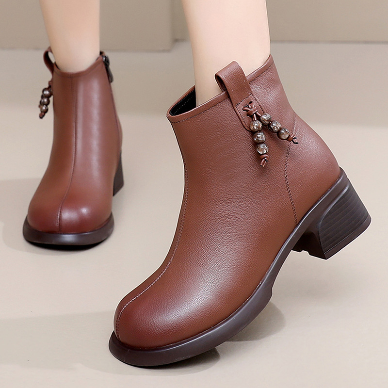 真皮复古马丁靴秋冬女厚底加绒短靴圆头百搭休闲舒适妈妈棉靴