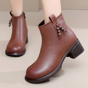真皮复古马丁靴秋冬女厚底加绒短靴圆头百搭休闲舒适妈妈棉靴