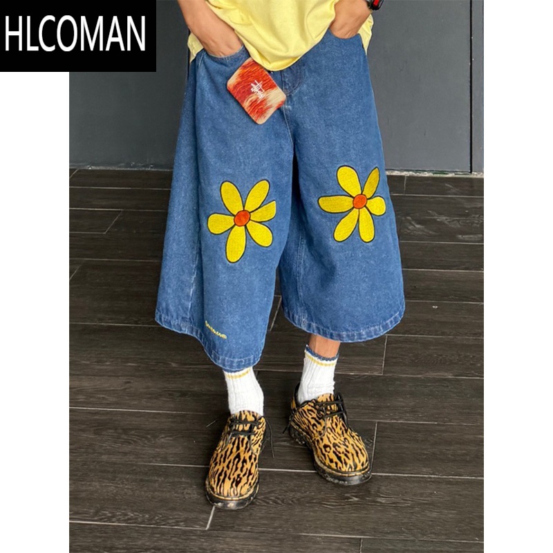 HLCOMAN美式高街复古花朵刺绣牛仔短裤男女直筒阔腿休闲百搭夏季七分裤子