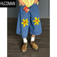 HLCOMAN美式高街复古花朵刺绣牛仔短裤男女直筒阔腿休闲百搭夏季七分裤子