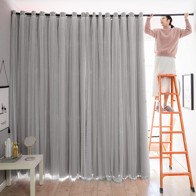 帘隔断免打孔可爱少女伸缩杆CIAA布艺卧室家用布贴纱经典灰色帘宽2.0*1.5米高单开『送旋转杆长0.7-1.2米』