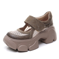 头层牛皮复古透气网面厚底凉鞋女2025夏季新款小个子增高松糕鞋