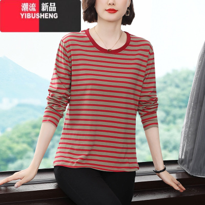YIBUSHENG圆领长袖t恤女中老年妈妈装大码宽松2024春秋新款打底衫上衣