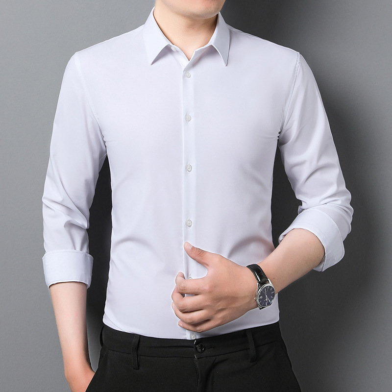 春季长袖衬衫男修身弹力免烫竹纤维工装衬衣男士纯色百搭商务寸衫