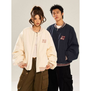年提花夹克男女美式冬季复古新款设计棒球拼接宽松情侣棉服
