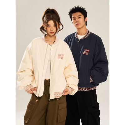 年提花夹克男女美式冬季复古新款设计棒球拼接宽松情侣棉服