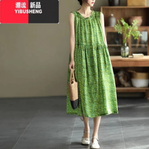 YIBUSHENG2023年季无袖A字长裙宽松抽绳收腰显瘦文艺复古印花棉麻连衣裙