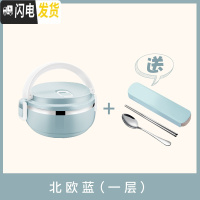 三维工匠不锈钢学生手提饭盒便当盒分格上班族带饭保温桶大容量多层餐盒 单层蓝色+餐具三件套