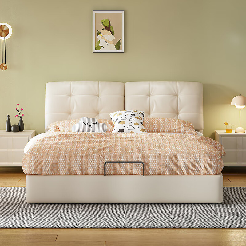 奶油风真皮床轻奢现代简约双人床ins风婚床意式主卧真皮储物大床