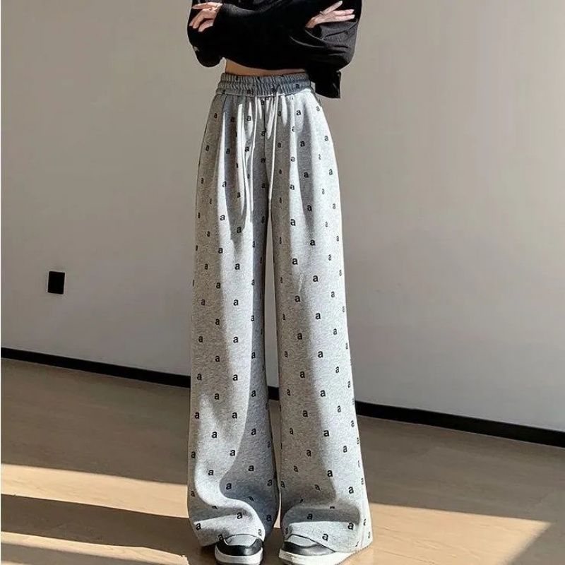 复古字母印花阔腿裤女春秋夏新款薄款高腰宽松设计感直筒休闲裤子