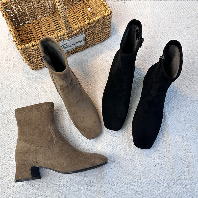 粗跟短靴女冬季新款加绒马丁靴女方头袜靴时装百搭弹力靴子女