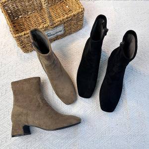 粗跟短靴女冬季新款加绒马丁靴女方头袜靴时装百搭弹力靴子女