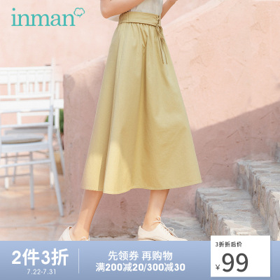 茵曼2020夏装新款半身中裙棉质中高腰绑带收腰显瘦A字裙半身裙女1802850-