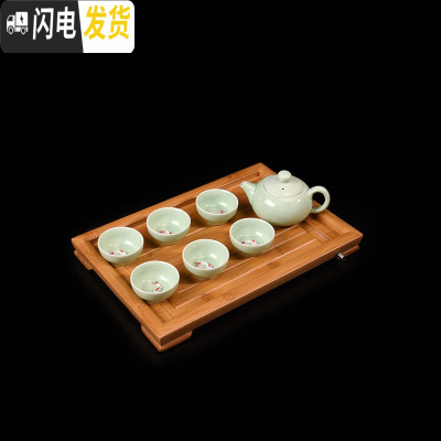 三维工匠竹子竹制小茶盘家用小型可带排水简易简约小号迷你小茶台一两人用 小号平板+青瓷渔杯一壶六杯茶具