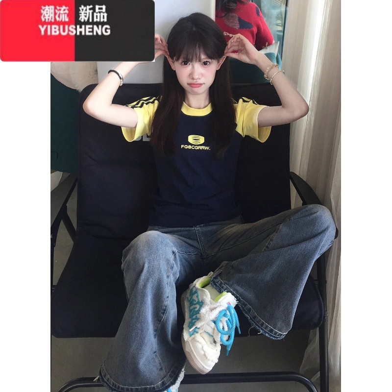 YIBUSHENG纯欲复古潮牌拼接条纹插肩短袖t恤女季学院风别致百搭紧身上衣