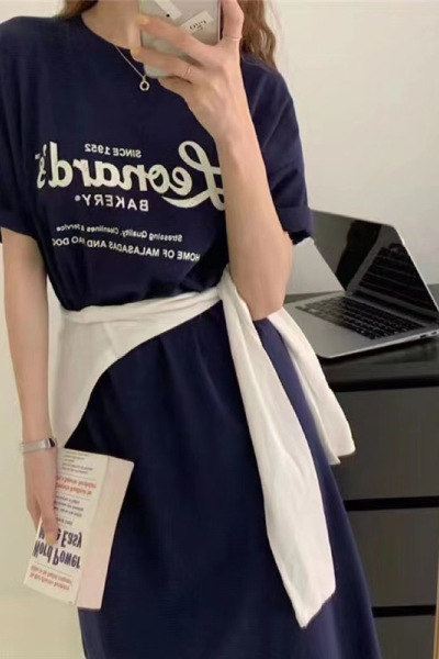 韩国大码T恤女装夏季宽松短袖T恤女中长款过膝连衣裙子休闲打底衫