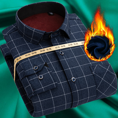 中年男士长袖衬衫格子加绒加厚保暖衬衣男爸爸冬装宽松加肥加大码