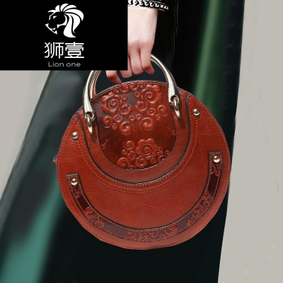 狮壹（Lionone）真皮手提包女中国风女士时尚宴会单肩包圆形小包2019新款小包包