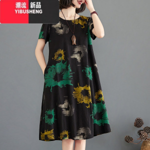 YIBUSHENG2024新款胖MM大码连衣裙宽松显瘦中长款减龄休闲阔太太短袖洋气