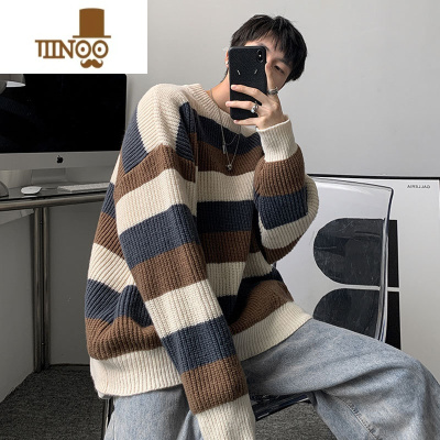 YANXU毛衣外套男潮牌宽松情侣套头线衣2023款日系百搭休闲条纹上衣