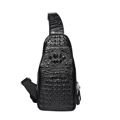 鳄鱼皮单肩包斜挎包胸包男士鳄鱼皮男式单肩包黑色鳄鱼纹商务休闲黑色