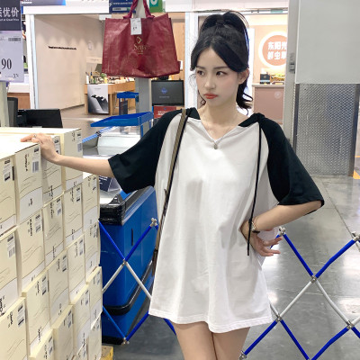 [1折价36.9元,叠加优惠券]夏季女连帽五分袖T恤减龄百搭时尚学院风休闲韩系
